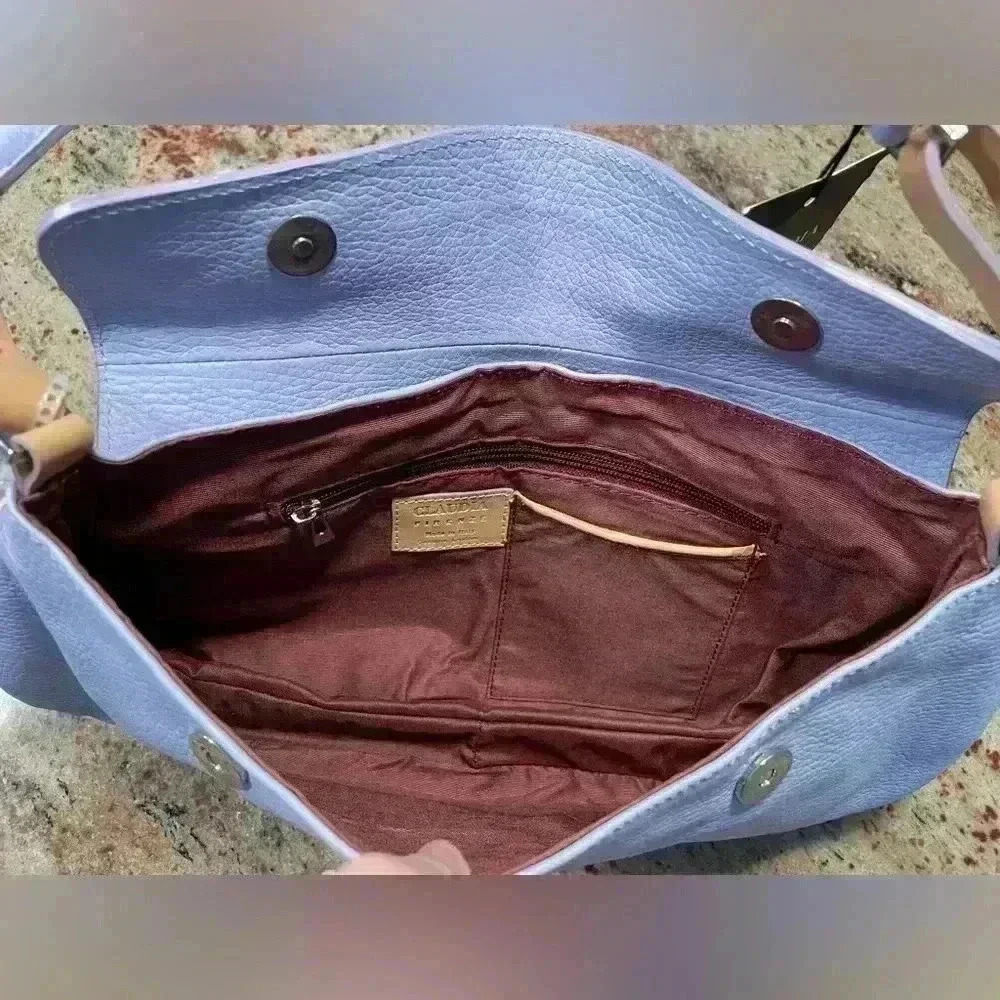 Claudia Firenze Purse Blue Medium Flap Camel Color Block 100% Leather NWT READ - Picture 6 of 16